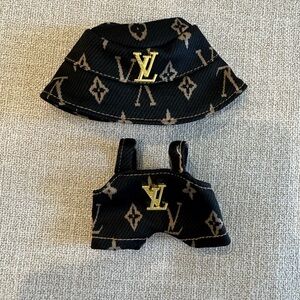 Labubu Brown and gold overalls romper with matching bucket hat